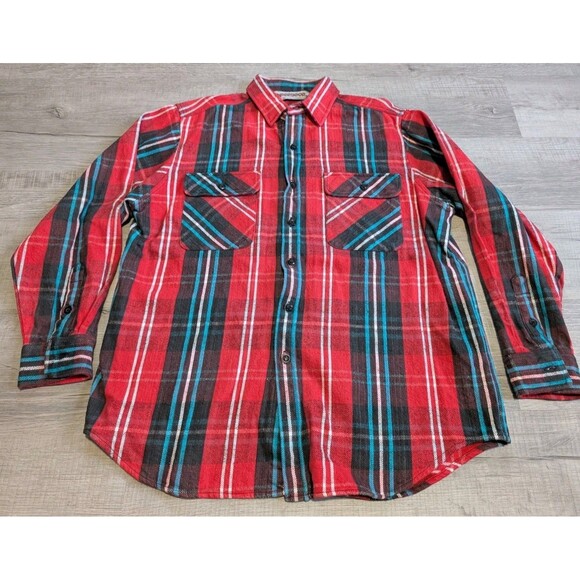 Vintage 80s McGregor Plaid Cotton Thick Flannel Button Up Shirt Sz L Red Blue - Picture 1 of 8